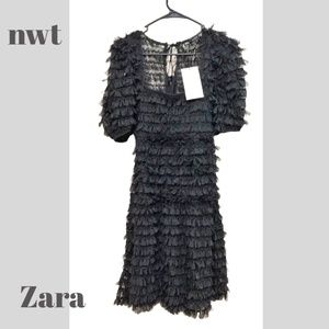 NWT ZARA Black Tulle Dress | NEW semi sheer with Fringing, Size S